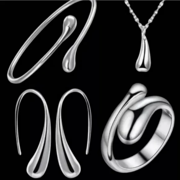 925 Sterling Silver Waterdrop Jewelry Set Bracelet Necklace Earrings and Ring - Picture 8 of 16